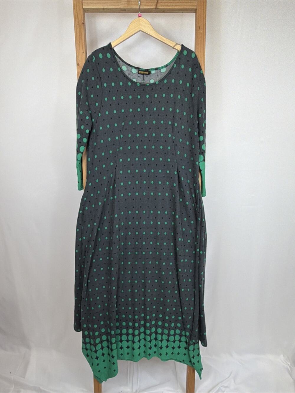 NWT Reborn Charcoal Green & Black Polka Dot Poly Blend B Dress 2X Pockets